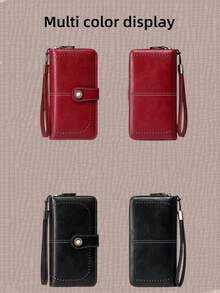 Cartera de embrague de moda 2025, cartera larga plegable vintage minimalista RFID de gran capacidad, cartera de mujer de unicolor con portacartas, cartera con cremallera multifunción con correa de muñeca, regalo para novia, madre, Halloween, Navidad