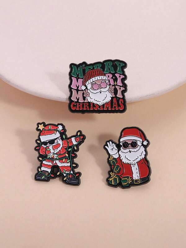 3pcs Christmas Themed Creative Brooches, Funny Santa Claus Design Pins For Clothing, Bags & Accessories