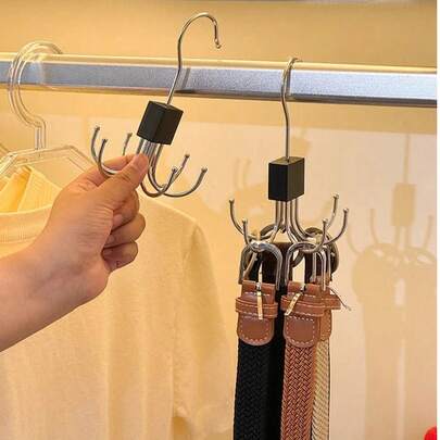 1个6钩旋转腰带架，360°旋转衣柜腰带收纳架，节省空间，衣柜配件收纳架，可用于收纳腰带、胸罩、吊带背心、领带、围巾、钱包等，黑色挂钩，适用于浴室、卧室、厨房、花园、办公室、阳台或其他空间，多功能，方便收纳和携带。