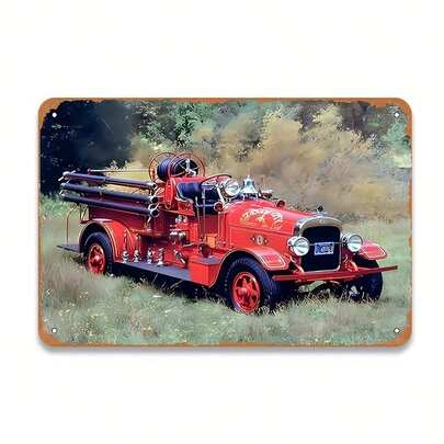 1 pezzo Cartello vintage in metallo a forma di camion dei pompieri, dimensioni 12x8 pollici, opera d'arte in ferro per decorazione di casa, garage, bar, ccartellone Poster classico di un'autopompa per esposizione interna/esterna
