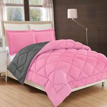 Elegant Comfort All Season Ultra Soft 3pcs Reversible Diamond Stitched Comforter Set, Down Alternative Breathable And Comfortable Quilt Luxury Hotel Quality 3 Piece Full/Queen, King/California King And Twin/Twin XL Size Bed Includes 1 Comforter And 2 Pillowcases Bedding Set, Christmas Decorations Gifts, Cozy Winter Styles, Holiday Décor - 粉紅色/灰色 - 查看 3