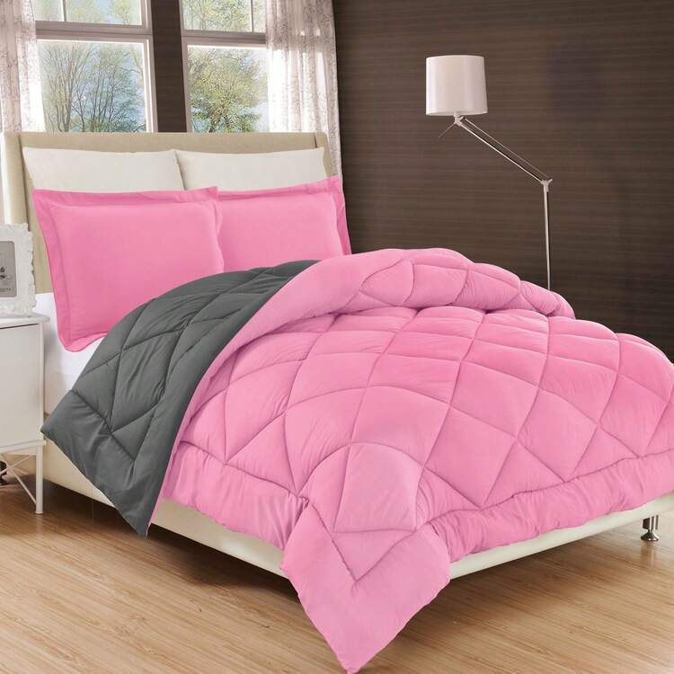 Elegant Comfort All Season Ultra Soft 3pcs Reversible Diamond Stitched Comforter Set, Down Alternative Breathable And Comfortable Quilt Luxury Hotel Quality 3 Piece Full/Queen, King/California King And Twin/Twin XL Size Bed Includes 1 Comforter And 2 Pillowcases Bedding Set, Christmas Decorations Gifts, Cozy Winter Styles, Holiday Décor - 粉紅色/灰色 - 查看 3
