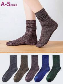 1/3/5 Pairs Women Metallic Thread Mid-Calf Socks, Breathable & Moisture-Wicking, Spring & Autumn