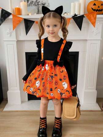 Vestito a maniche lunghe con scollo tondo, con stampa all-over di scheletri, fantasmi, zucche e ragni, in stile patchwork a costine, adatto per vacanze, feste, uso all'aperto, primavera/autunno, per ragazze giovani