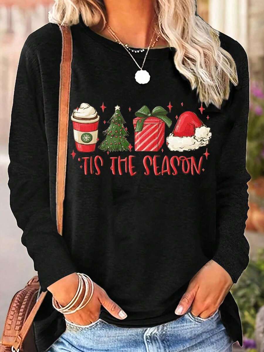 Women's Solid Color V-Neck Long Sleeve Casual Loose Top, Comfortable And Fashionable, Machine Washable - Suitable For Spring/Autumn Daily And Home Wear - Black - View 1