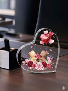 زينة أكريليك قلب بشكل فلامنغو مسطح 2D - بتصميم وردة وبالونات زهرية، مناسب لعيد الحب، عيد الميلاد، الذكرى السنوية، تركيب بدون بطاريات، زينة كلاسيكية بشكل فلامنغو للمكتب المسطح 2D