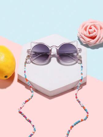 1 Peça Estojo de Óculos de Moda com Armação de Orelha de Gato Fofo para Meninas de 3-8 Anos, 1 Peça Corrente de Óculos Colorida de Pérolas Falsas, Adequado para Looks Casuais do Dia a Dia, Presentes de Feriado e Uso em Festas