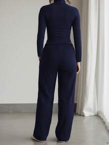 Women's Autumn New Solid Color Slim Fit Long Sleeve Top And Casual High Waist Straight Leg Sweatpants 2 Pieces Set - Navy 22 - View 3