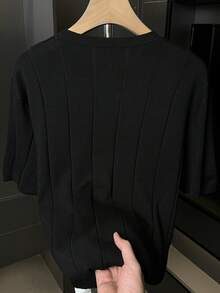 GRDR Suéter de punto de cuello redondo de manga corta acanalado para hombre de verano - Negro - Ver 3