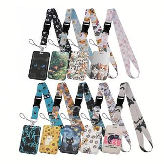 Titular de tarjeta de manga de gatito adorable, Soporte de identificación, Cordón para tarjeta de identificación, Cuerda para teléfono móvil, Correa para llave, Correa para el cuello, Llavero, Encantos para bolso, Accesorios para automóvil, Ideas de regalo para maestro, amigo, hermana