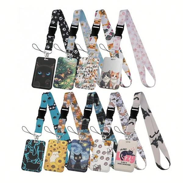 CX Lovely Kitten Manga Card Holder Badge Holder ID Card Lanyards Cell Phone Rope Key Lanyard Neck Straps Keychain Cats01