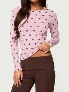 Womens Y2k Polka Dot T-Shirt Long Sleeve Crew Neck Tops Cute Polka Dot Graphic Slim Fit Tee Streetwear - Hồng - Xem 4