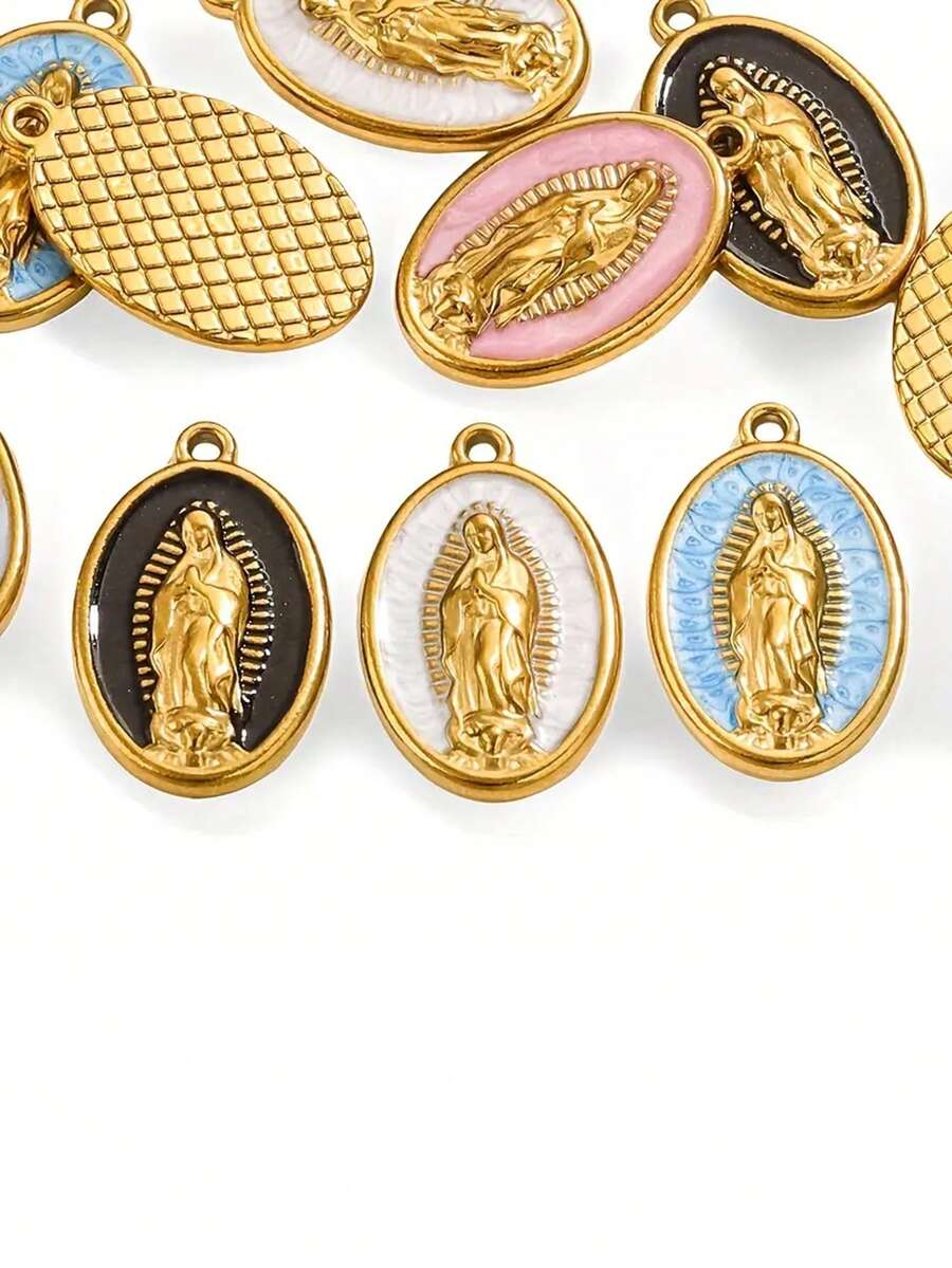 5 Pieces Of Vintage Virgin Mary Pendant Necklaces - 18K Gold-Plated 304 Stainless Steel Bohemian Religious Pendants, With Geometric Patterns, Exquisite Details And Soft Colors, Suitable For DIY Jewelry Making Supplies