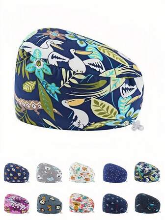 1pc Polyester Floral Print Adjustable Tie Nurse Cap, Antimicrobial & Dust-Proof, Suitable For Medical Workers Such As Doctors And Nurses