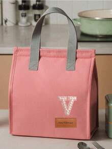 1pc Pearl Letter Pattern Canvas Tote Bag, Simple English Letter Solid Color DIY Handheld Insulated Lunch Bag, Lunch Box Bag, Thermal Lunch Bag, Large Capacity Insulated Lunch Tote Bag For Students, Office Workers, Waterproof, Oil-Proof - Multicolor - View 113