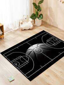1pc Basketball Court Pattern Carpet, Suitable For Boys' Room, Living Room Decor, Velvet Carpet, Skin-Friendly Soft, Home Decor Carpet, Washable Carpet - Black - View 6