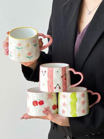 1 Stück 350ml handbemalte Keramiktasse, japanischer Stil Blumenmuster mit Tulpen, Kirschen & Blumen in leuchtenden Farben, herzförmiger Griff & geprägte Texturdetails, geeignet für Frühling Zuhause, Brunch mit Freunden - Kaffee, Milch