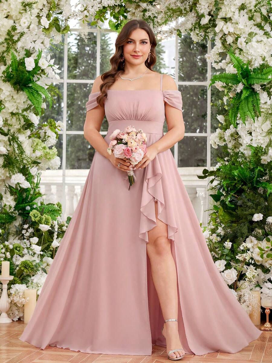 UNITHORSE Fabric Plus 女式优雅 Spraghetti 无肩带雪纺修身腰带高开衩舞会礼服气质长款派对新娘礼服 - 淺粉色 - 查看 1