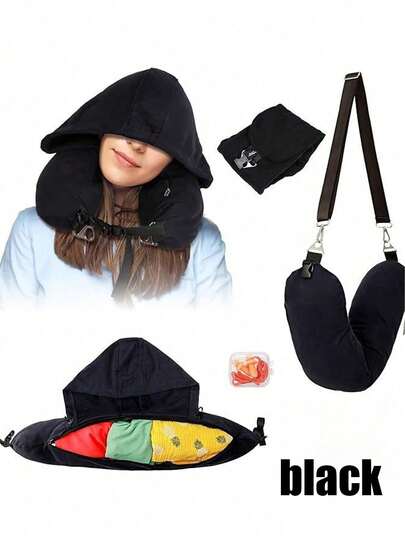 旅行枕套，可填充衣物，方便携带，遮光双向帽，飞机长途飞行颈枕，超轻便，灰色，多功能可拆卸飞机外出颈部支撑枕