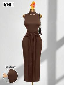 RNU Brown Coffee Color Women's Simple High Neck Stretch Base Slim Women Casual Club Business Casual Concert Outfit Office Outfits Old Money Style Hot Solid Color Ribbed Knitted Fabric High Elastic Ultra Soft Comfortable Skin-Friendly Bodycon Slim Fit Casual Daily Sexy Party Street Vacation Travel Date Spring/Summer/Autumn/Winter Sleeveless Waist Strap New Long Dress