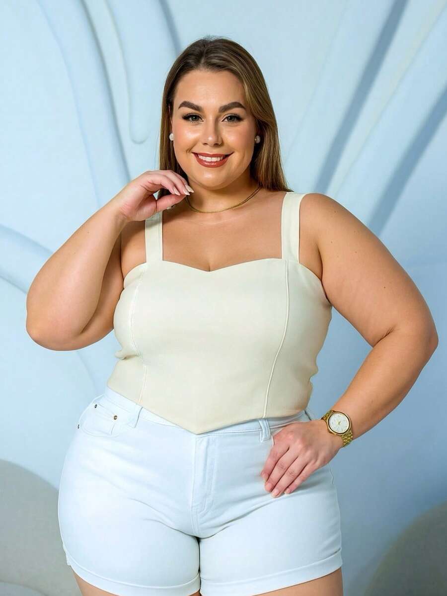 PLUS SIZE BENGALINE CROPPED TOP WITH STRAP AND POINT DETAIL - 奶油色 - 查看 1