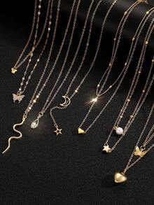 13pcs/3pcs Minimalist Heart, Butterfly, Star, Moon & Disc Faux Pearl Necklace Set For Women, Gift For Date, Vacation And Daily Wear Valentines,Mom,Mother,Mother's Day,Gift