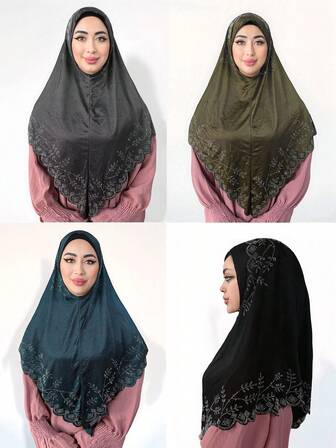 1pc Women's Rhinestone Floral Branch Instant Hijab For Abaya