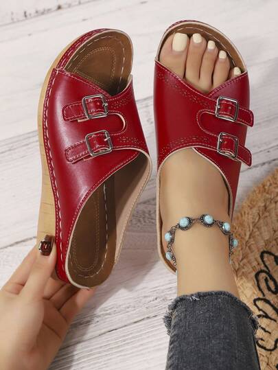 女式双排扣刺绣厚底拖鞋，柔软纯色海滩派对度假时尚前卫优雅婚礼休闲性感户外扣女士坡跟厚底凉鞋，夏季