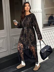 Doriss Lace Leopard See Through Round Neck Long Sleeve Dress, Autumn And Winter, Solid Color, Old Money, Back To School, Concert Outfits For Women, Wedding Guest Dress, Bohemian,Halloween - Black - View 5