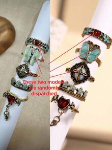 5 件套复古蝴蝶、魔鬼、心形仿宝石戒指套装，简约百搭高端时尚配饰，女士节日礼物珠宝 - 彩色 - 查看 2