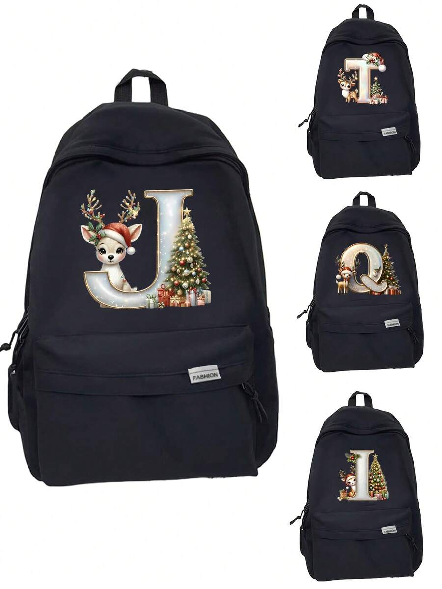 New Christmas Theme Letter Print Backpack, Unisex Shoulder Bag, Outdoor Sports Bag, Large Capacity Travel Hiking Backpack, Canvas Casual Laptop Notebook Bag Christmas Bags