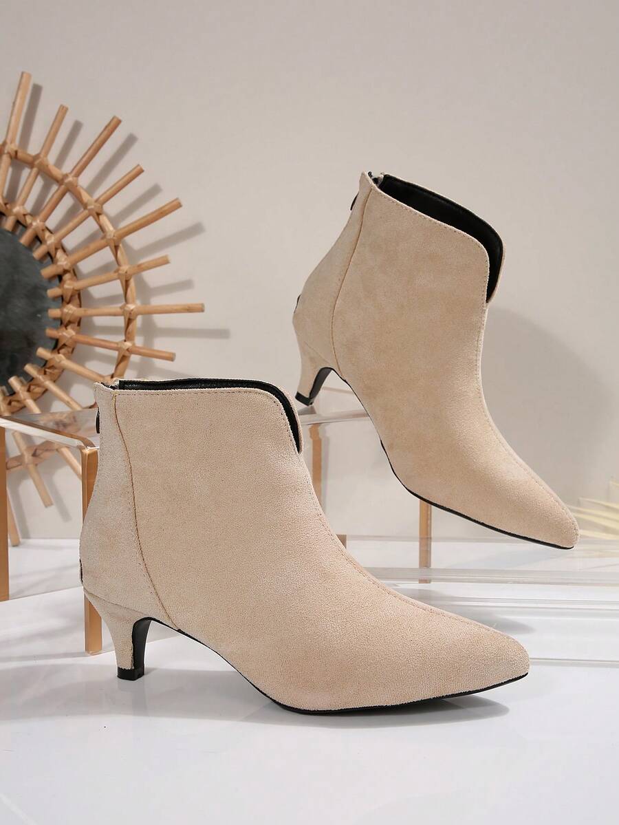 2025冬季新款女鞋，冬季女靴，时尚百搭休闲女鞋，女士踝靴，女士时尚靴，女士低跟踝靴，女士秋冬新款尖头猫跟踝靴，经典麂皮踝靴 - 卡其色 - 查看 1