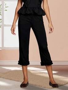 Women Capri Pants, Elastic Waist 3/4 Length Pants Solid/Dots Cropped Pants For Casual Daily - 黑色 - 查看 1