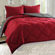 Elegant Comfort All Season Ultra Soft 3pcs Reversible Diamond Stitched Comforter Set, Down Alternative Breathable And Comfortable Quilt Luxury Hotel Quality 3 Piece Full/Queen, King/California King And Twin/Twin XL Size Bed Includes 1 Comforter And 2 Pillowcases Bedding Set, Christmas Decorations Gifts, Cozy Winter Styles, Holiday Décor - 紅/灰 - 查看 5