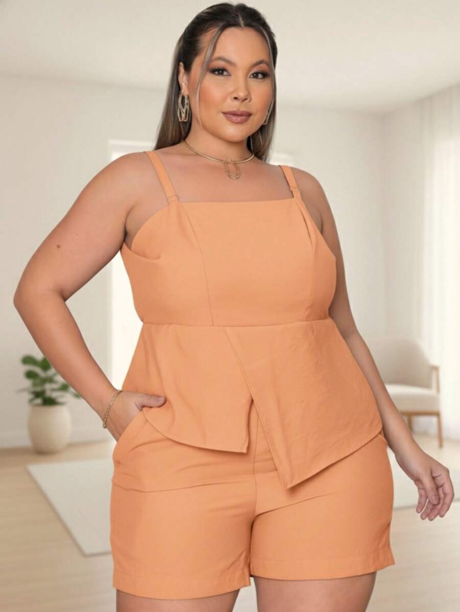 Women's Plus Size Set: Tailored Top And Shorts, Peplum Blouse, Overlay, Adjustable Straps, GG, G1, G2 - 橙鮭魚 - 查看 1