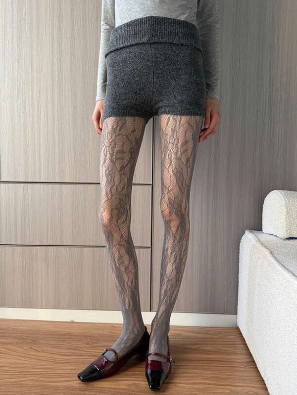 1 Par de Meia-Calça Estampa de Girassão Cinza, Meia-Calça Floral Estética Cinza, Meias Kawaii e Ousadas para Conforto Diário