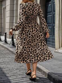Plus Size Women Leopard Print Split Long Sleeve Dress, Autumn/Winter