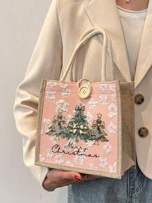 1pc Christmas Print Linen Tote Bag, Reusable Printed Women'S Tote Bag, Double Handle Shopping School Bag, Large Capacity Shoulder Bag, Casual Tote Bag, Christmas Storage Bag, Suitable For Commuting, School And Shopping, Convenient For Outdoor Use, Gift For Friends And Besties, Teacher Gift, Perfect Choice For Vacation And Festival