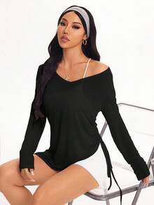 Damen-Sport-Langarmshirt – Schwarzes V-Ausschnitt-Unterhemd mit Kordelzug – Lässiges Unterhemd für Yoga, Lässig und Fitness