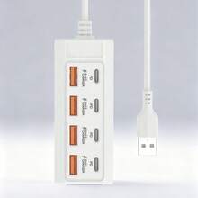 8端口USB适配器，配备4个USB 3.0端口和4个PD快充端口 - 25W功率输出，广泛兼容电脑、笔记本电脑、平板电脑、手机 - 白色，笔记本电脑充电站，时尚设计，经久耐用 - 白色 - 查看 8