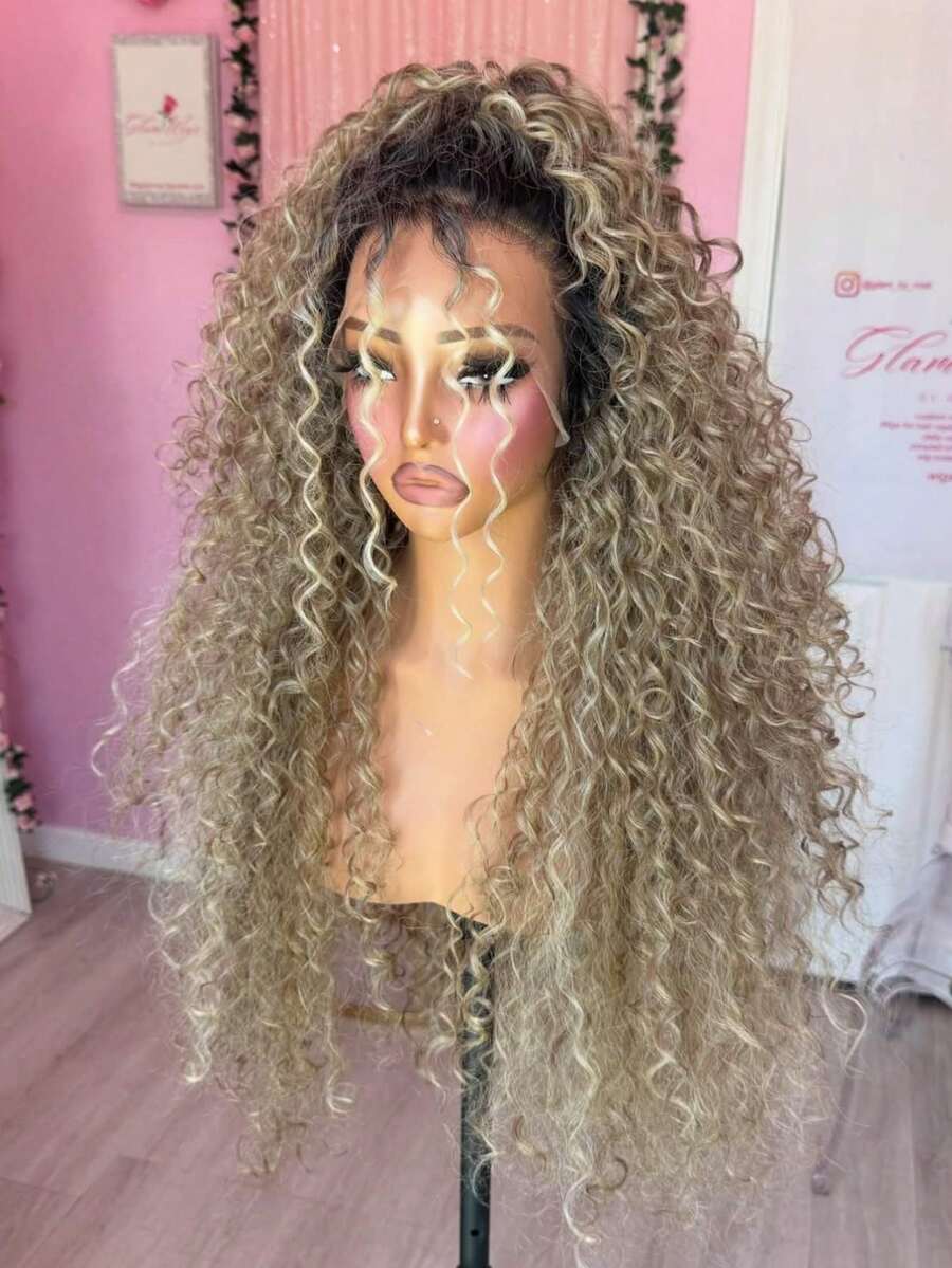 Ombre Brown Roots Ash Blonde Deep Wave Lace Front Wigs Human Hair For Women 13x4 HD Transparent Human Hair Wigs Pre Plucked Bye Bye Knots With Baby Hair Brazilian Remy Blonde Colored 250 Density Curly Glueless Wigs Human Hair - 根染&漸變色 - 查看 1