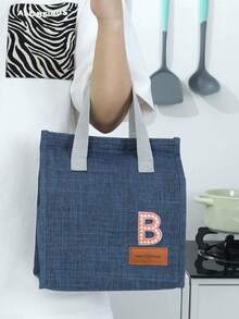 1pc Pearl Letter Pattern Canvas Tote Bag, Simple English Letter Solid Color DIY Handheld Insulated Lunch Bag, Lunch Box Bag, Thermal Lunch Bag, Large Capacity Insulated Lunch Tote Bag For Students, Office Workers, Waterproof, Oil-Proof - Multicolor - View 68