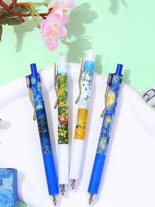 4pcs Van Gogh Starry Sky Retractable Ballpoint Pens, Quick-Drying Ink, Painting Style, Metal Body, For Students, Exams, Office, Signing - Black - View 2