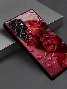 1pc Red Roses With Water Droplets Tempered Glass Phone Case Is Thickened For Enhanced Drop Protection. Suitable For Compatible With Samsung Galaxy S20/21/22/23/24/25 Ultra/FE+,S10/10E+,NOTE9. 20,20ULTRA,A71/56/55/54/53/52/51/36/35/34/32/26/25/24/26/16/15/14/06/05/05S/03S, As Well As, Iphone17,17Air,17pro,17pro Max,16, 15, 14, 13, 12, 11, PRO MAX, As Well As,PLUS - 黑色 - 查看 3