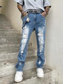 Pantalones vaqueros azul desgastados para hombre de 4 estaciones, pantalones de corte recto y delgado de estilo urbano estadounidense, personalizados con estilo Y2K, adecuados como regalo para el novio - Azul - Ver 5