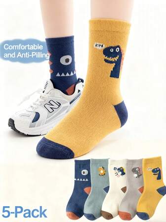 5 pares Regalos para hombres | Nuevo conjunto de calcetines de media caña para niños de otoño e invierno | Calcetines navideños para hombres | Acción de Gracias | Estampado de dinosaurio y animal de dibujos animados, estilo deportivo para estudiantes | Resistente al olor y transpirable, adecuado para niños mayores