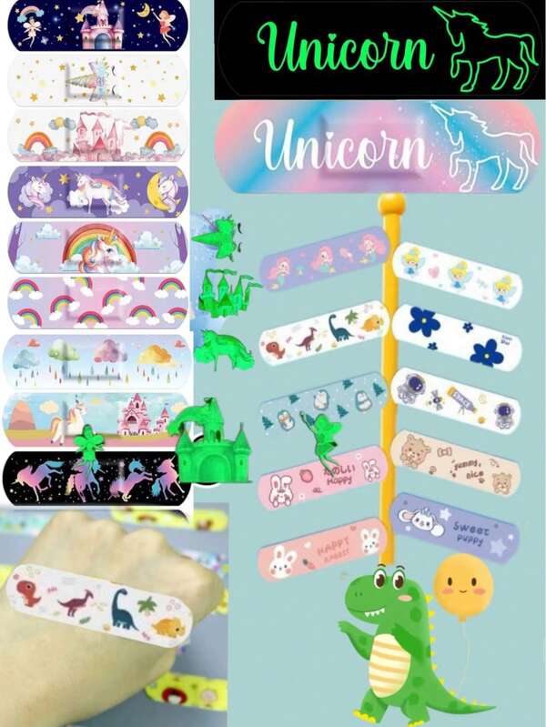 500/50 piezas Vendas de dibujos animados aleatorios lindos, parche hemostático para heridas, transpirable, impermeable, adecuado para heridas y rasguños, con diseños de conejos lindos, castillos, unicornios brillantes, arcoíris, dinosaurios, varios patrones de flores, pingüinos, repuesto para fiesta de Navidad