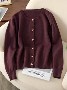 2025 Autumn/Winter New Wine Red Cardigan For Women, V-Neck Heart Button Knitted Sweater Jacket, Versatile - Burgundy - View 1