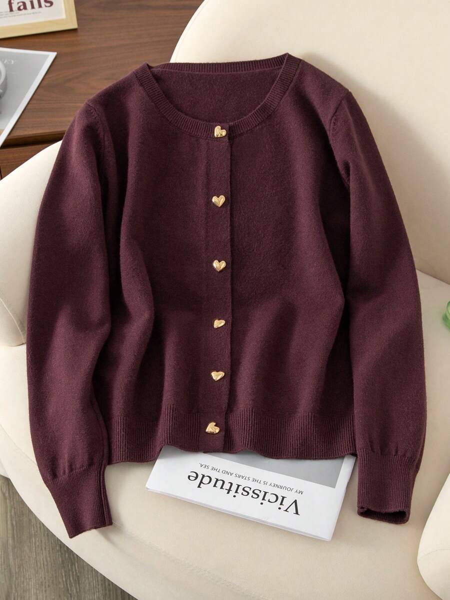 2025 Autumn/Winter New Wine Red Cardigan For Women, V-Neck Heart Button Knitted Sweater Jacket, Versatile - Burgundy - View 1