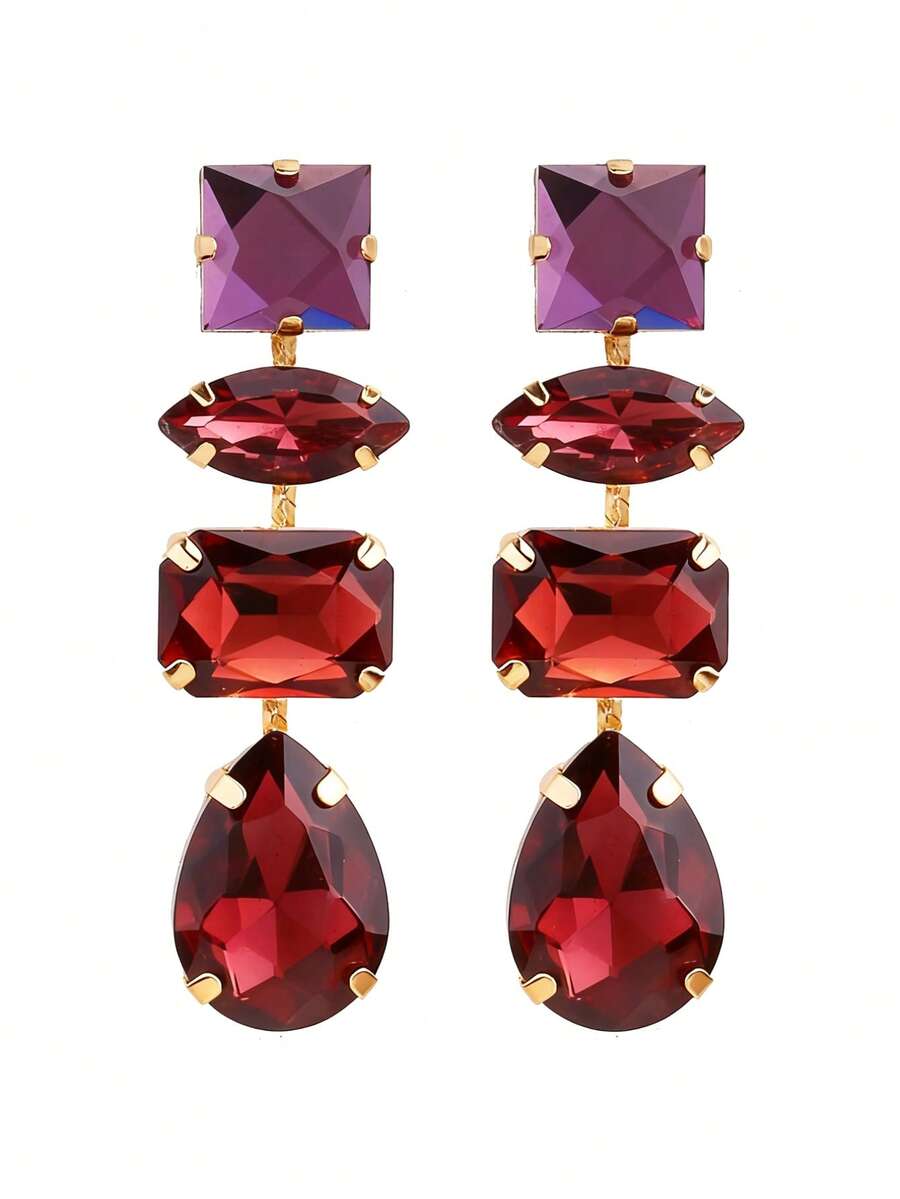 1 par de nuevos pendientes colgantes de aleación de cobre con cadena conectada, soldada, con garra geométrica y cristal de imitación, pendientes de mujer al por mayor - Estilo 1 - Ver 1
